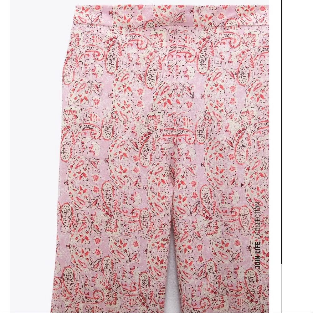 Zara Linen Blend Pants High Waist Wide Leg Pants Pink Paisley Women’s Size Small